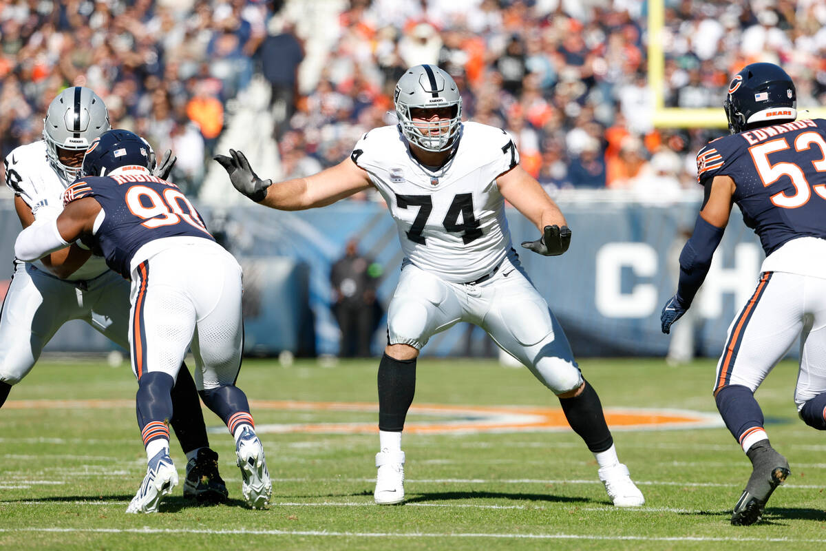 Las Vegas Raiders offensive tackle Kolton Miller (74) blocks against the Chicago Bears during t ...