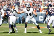 Las Vegas Raiders offensive tackle Kolton Miller (74) blocks against the Chicago Bears during t ...