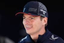 Red Bull driver Max Verstappen, of the Netherlands, speaks to the media ahead of the Formula On ...