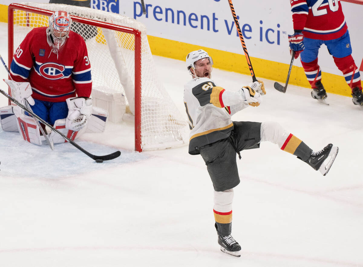 Vegas Golden Knights' Mark Stone (61) celebrates his goal on Montreal Canadiens goaltender Cayd ...