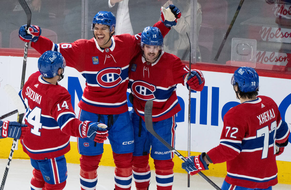 Montreal Canadiens' Johnathan Kovacevic (26) celebrates his goal agianst the Vegas Golden Knigh ...