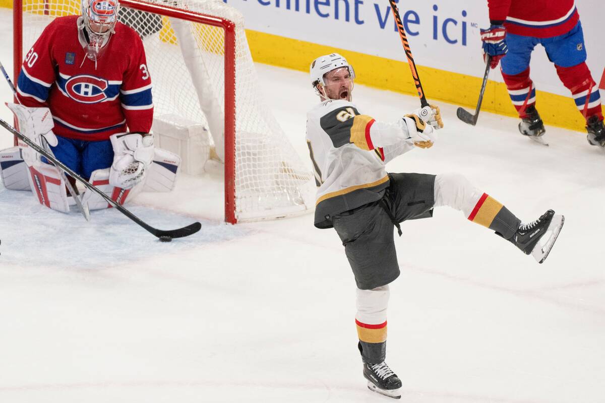 Vegas Golden Knights' Mark Stone (61) celebrates his goal on Montreal Canadiens goaltender Cayd ...