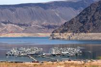 Boats are docked at the Las Vegas Boat Harbor in the Lake Mead National Recreation Area, on Mon ...