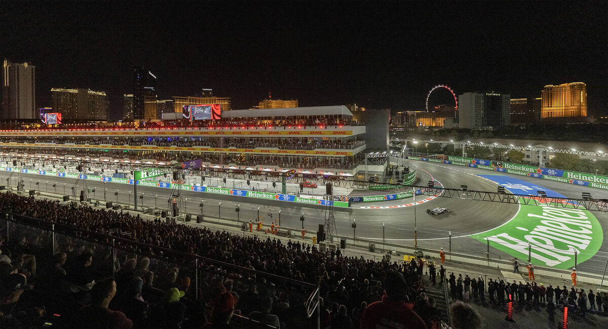 Drivers round the track during the first practice of the Formula One Las Vegas Grand Prix auto ...