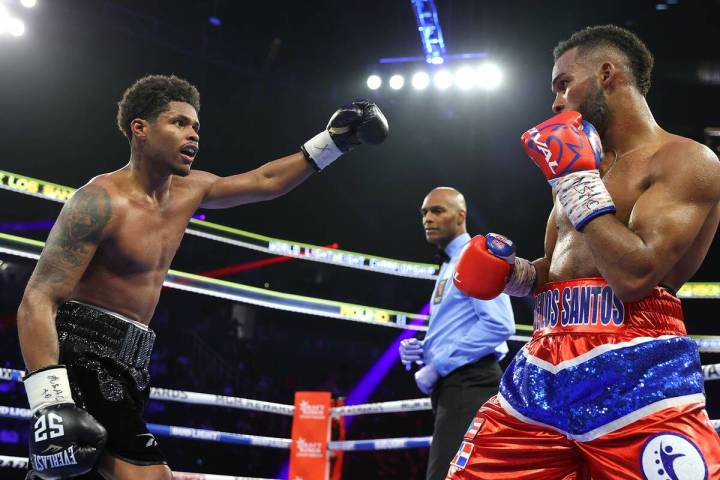 Shakur Stevenson (left) fights Edwin De Los Santos (right) at T-Mobile Arena on Thursday, Nov. ...