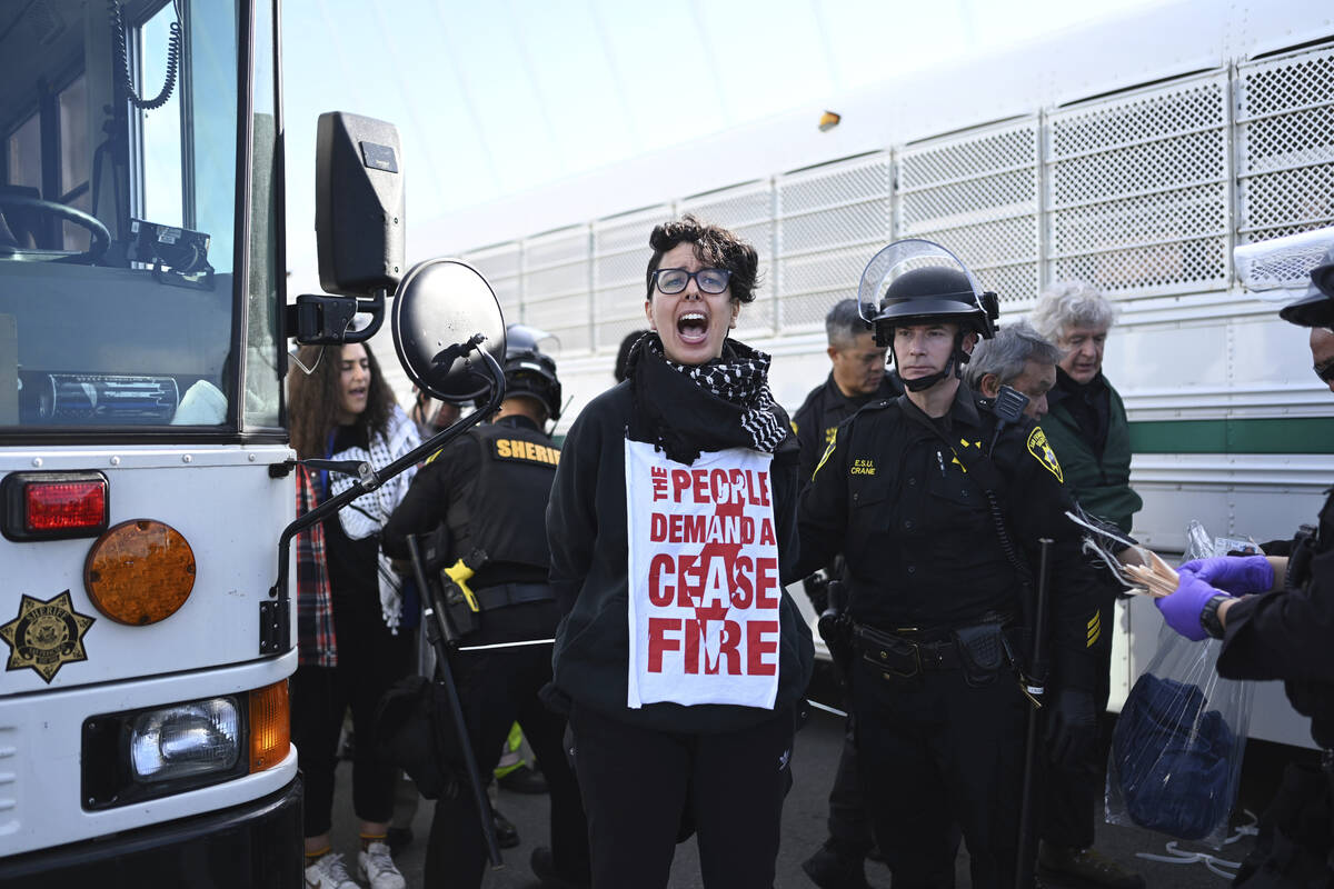 Police officers detain a protester blocking the San Francisco-Oakland Bay Bridge while demonstr ...