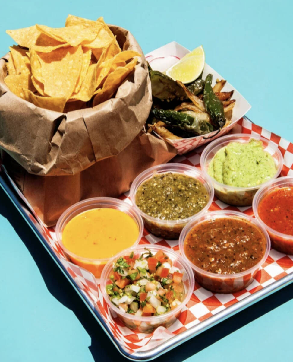 Chips and salsas from Roadside Taco, opening in the Promenade food hall at Fontainebleau Las Ve ...