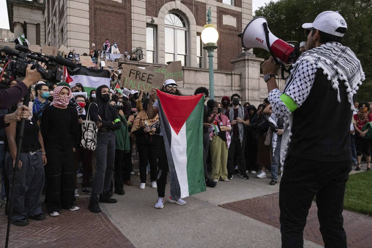 FILE - Pro-Palestinian demonstrators gather for a protest at Columbia University, Thursday, Oct ...