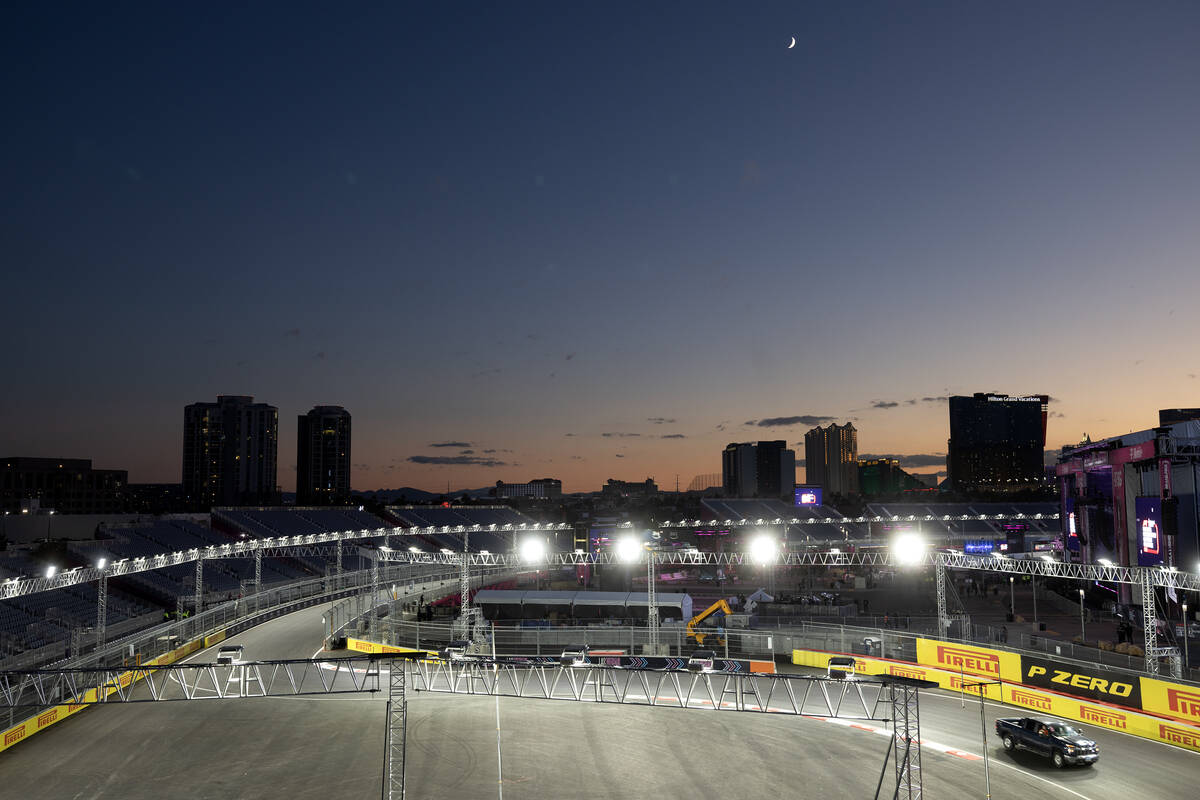 The Formula One Las Vegas Grand Prix auto race circuit is readied for the third practice on Fri ...