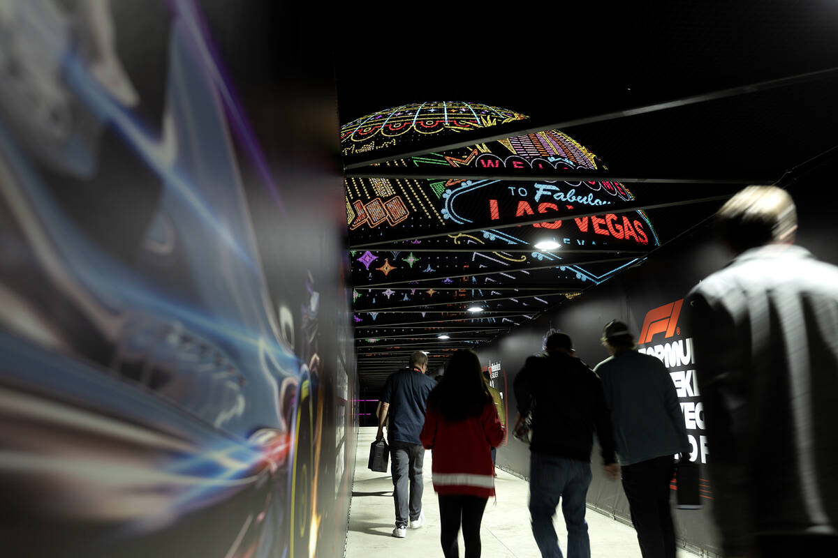 Fans enter the fan zone at the Sphere before the third practice for the Formula One Las Vegas G ...