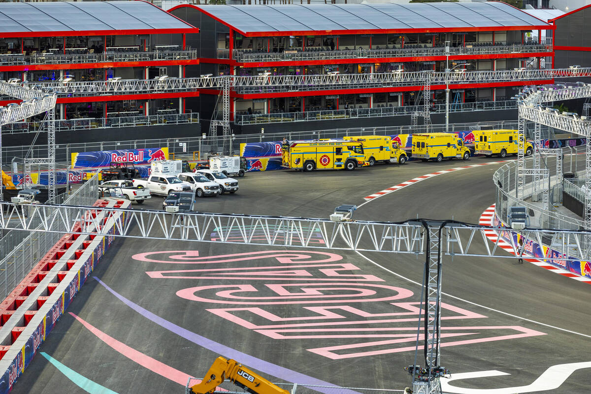 Medical teams are staged along turn 2 during the second night of the Las Vegas Grand Prix Formu ...
