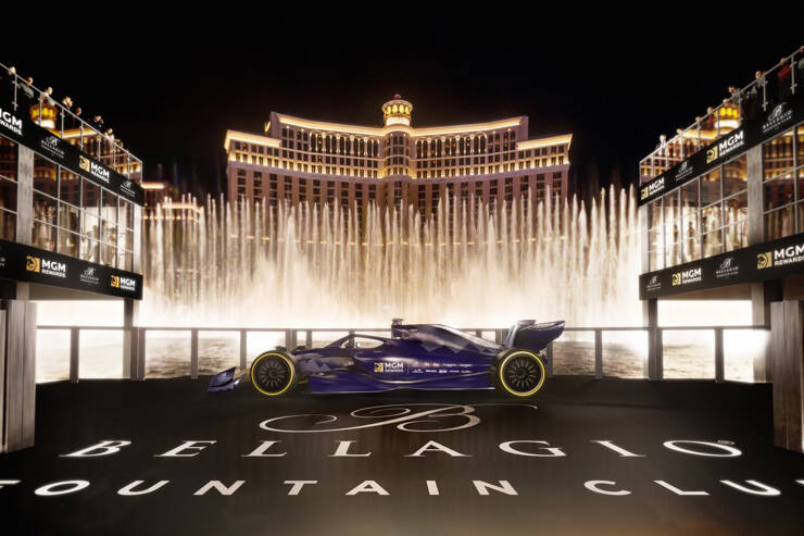 An artist's rendering of the Las Vegas Grand Prix Winner’s Stage at the Bellagio Fountain Clu ...