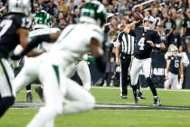 Raiders quarterback Aidan O'Connell (4) throws a pass against New York Jets during the second h ...