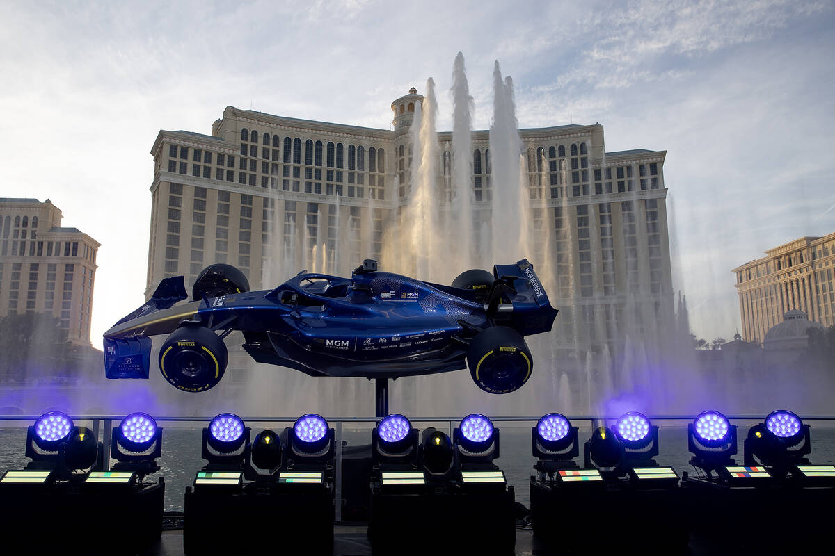 A Formula One model car is on display at the Bellagio Fountain Club ahead of the Las Vegas Gran ...