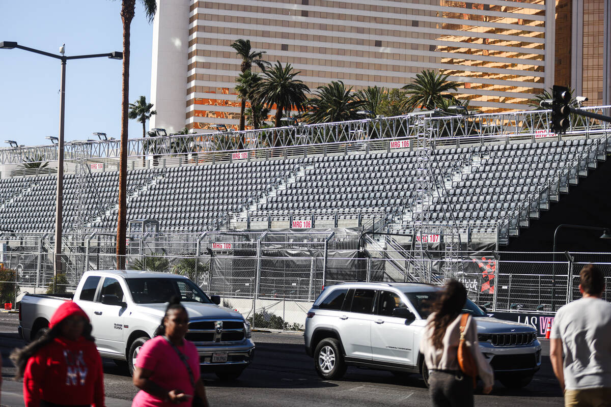 Grandstands for the Formula 1 Las Vegas Grand Prix race on the Strip in Las Vegas, Sunday, Nov. ...