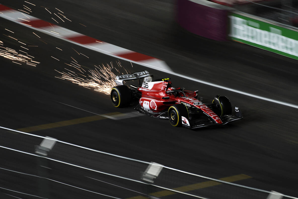 Ferrari driver Carlos Sainz, of Spain, drives during the second practice for the Formula One La ...