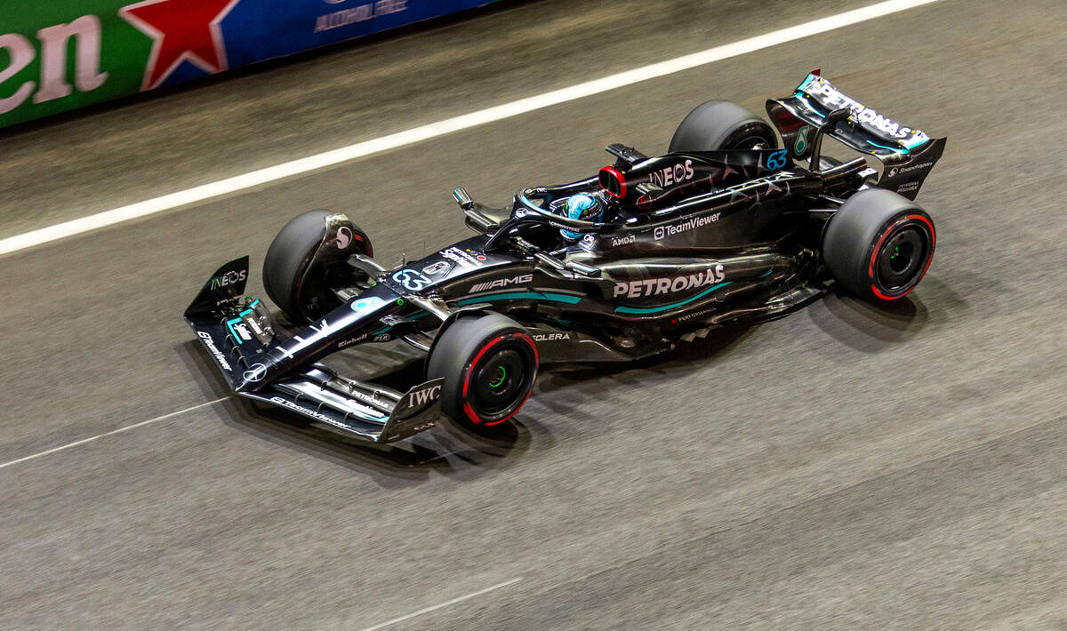 Mercedes driver George Russell leaves pit row during the qualifying session on the second night ...
