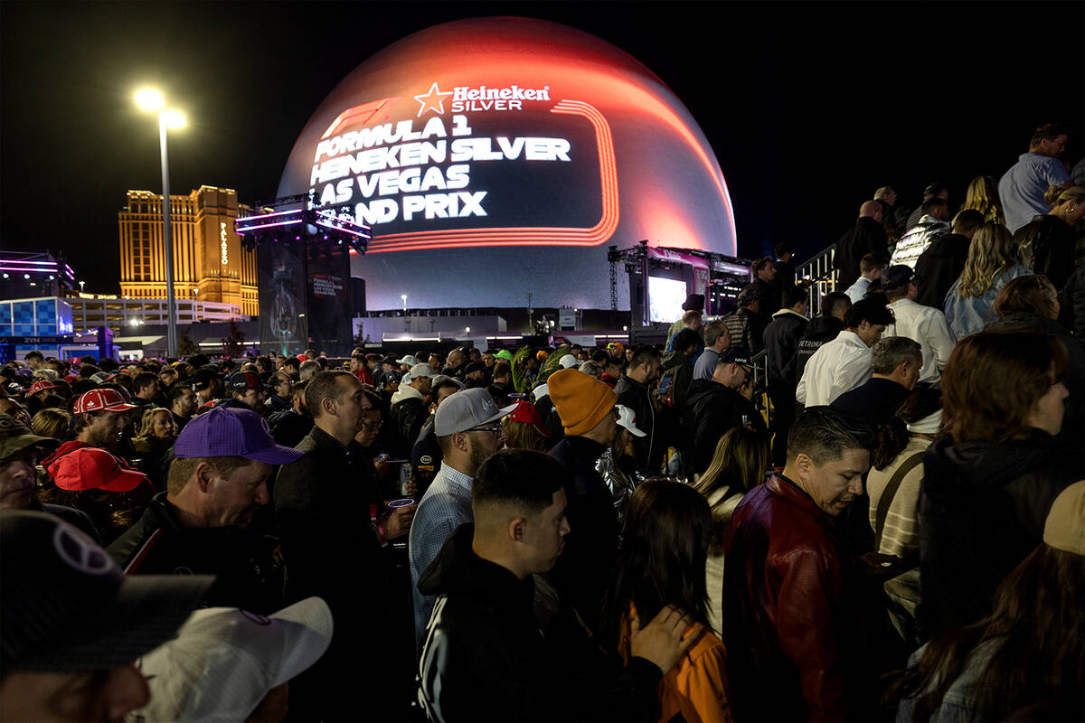 Fans rush to the grandstands at the Sphere before the Formula One Las Vegas Grand Prix auto rac ...