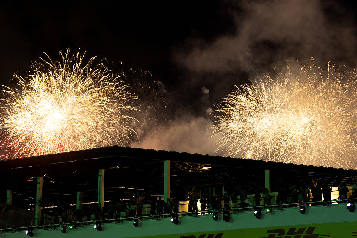 Fireworks erupt after Red Bull Racing driver Max Verstappen won the Formula One Las Vegas Grand ...