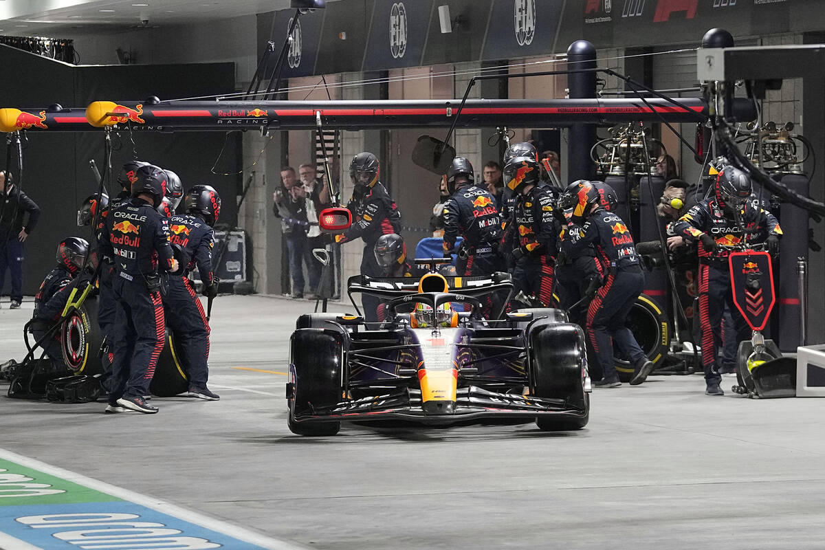 Red Bull driver Max Verstappen, of the Netherlands, makes a pit stop during the Formula One Las ...