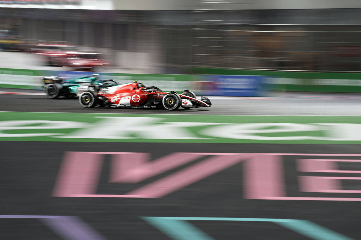 Ferrari driver Carlos Sainz, of Spain, races during the Formula One Las Vegas Grand Prix auto r ...