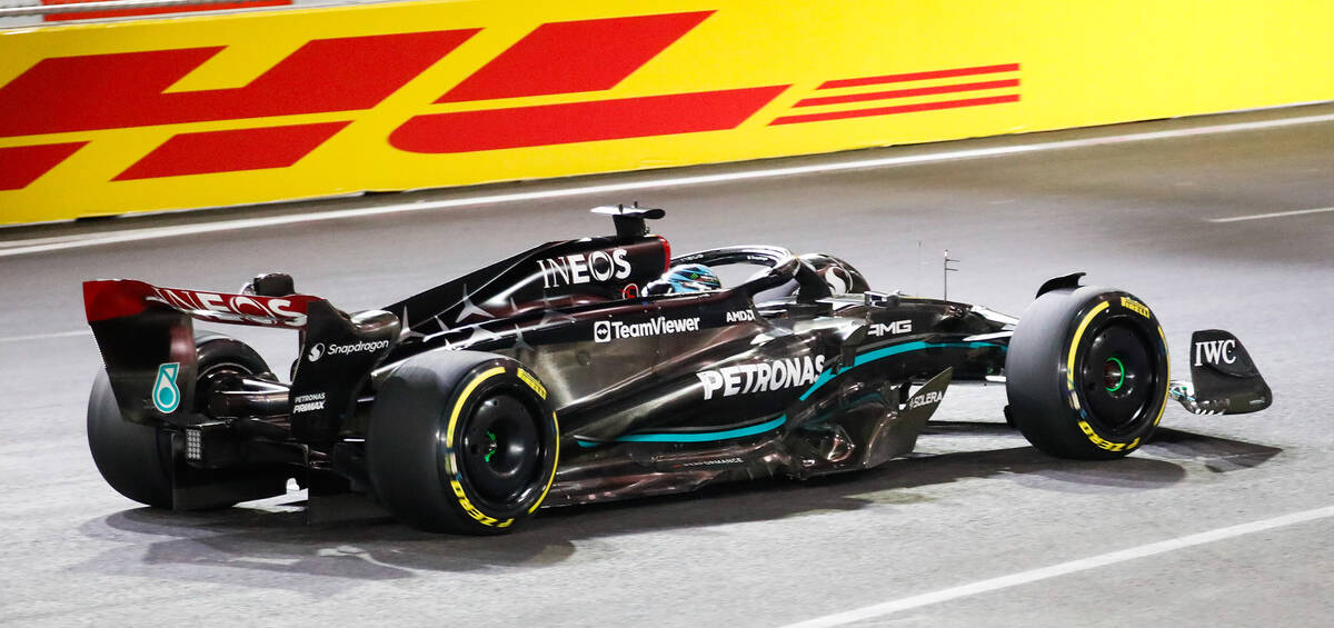 A Mercedes driver competes in the Formula 1 Las Vegas Grand Prix race on Saturday, Nov. 18, 202 ...