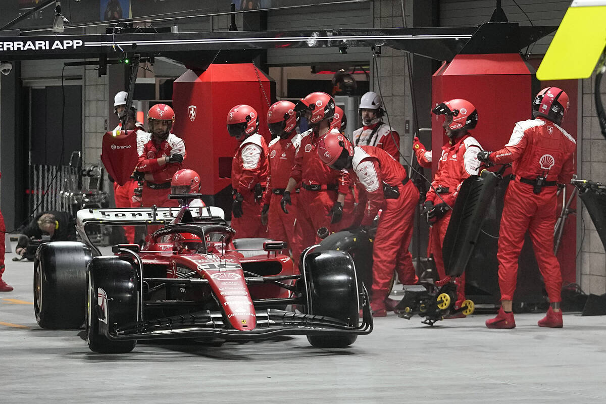 Ferrari driver Charles Leclerc, of Monaco, comes in for a pit stop during the Formula One Las V ...