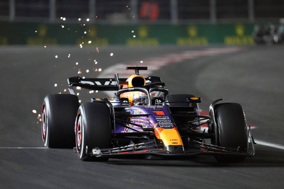 Red Bull driver Max Verstappen, of the Netherlands, drives during the Formula One Las Vegas Gra ...