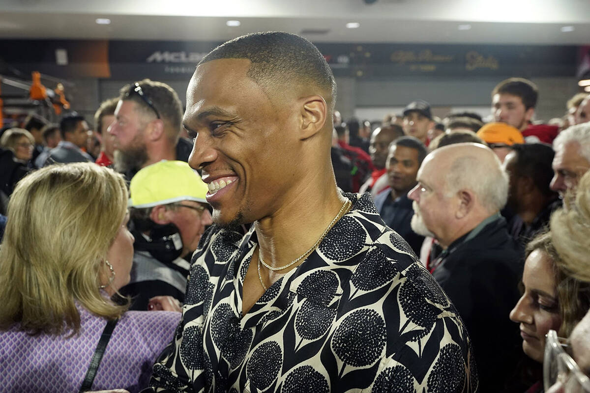 Los Angeles Clippers' Russell Westbrook smiles during the Formula One Las Vegas Grand Prix auto ...