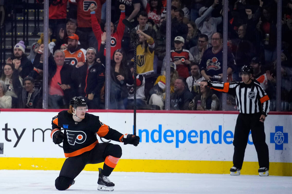 Philadelphia Flyers' Owen Tippett celebrates after scoring a goal during the first period of an ...
