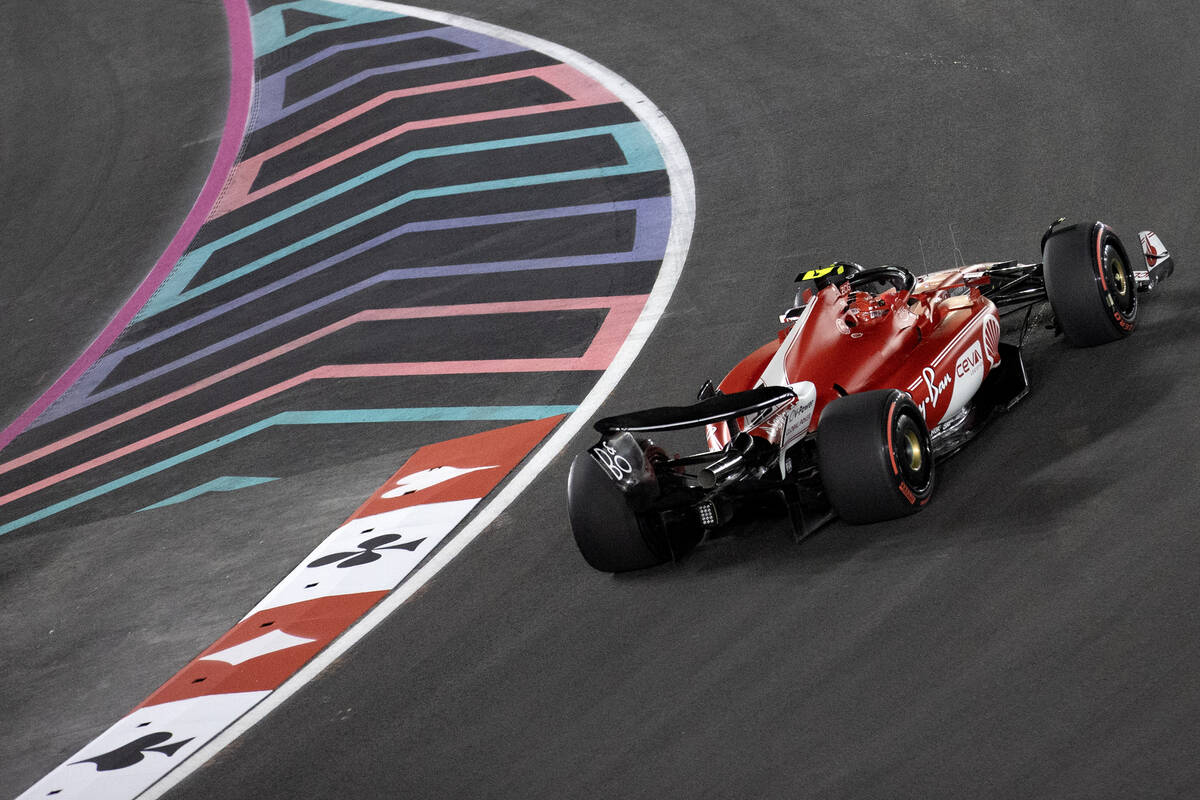 Ferrari driver Carlos Sainz Jr. rounds the track during the first practice of the Formula One L ...