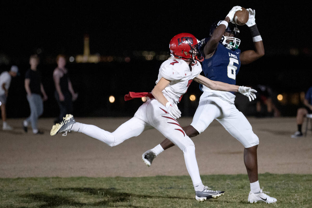 Lake Mead wide receiver Jaylen Hardy (6) catches a touchdown pass against Lincoln County&#x2019 ...