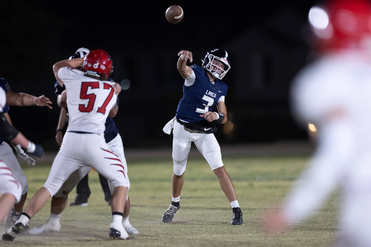 Lake Mead quarterback Jerry Meyer III (3) passes the ball during a Class 2A high school footbal ...