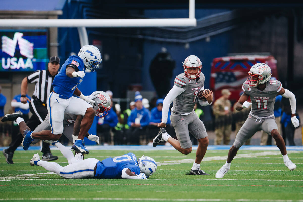 UNLV quarterback Jayden Maiava (1) runs with the ball during a game against Air Force at Falcon ...