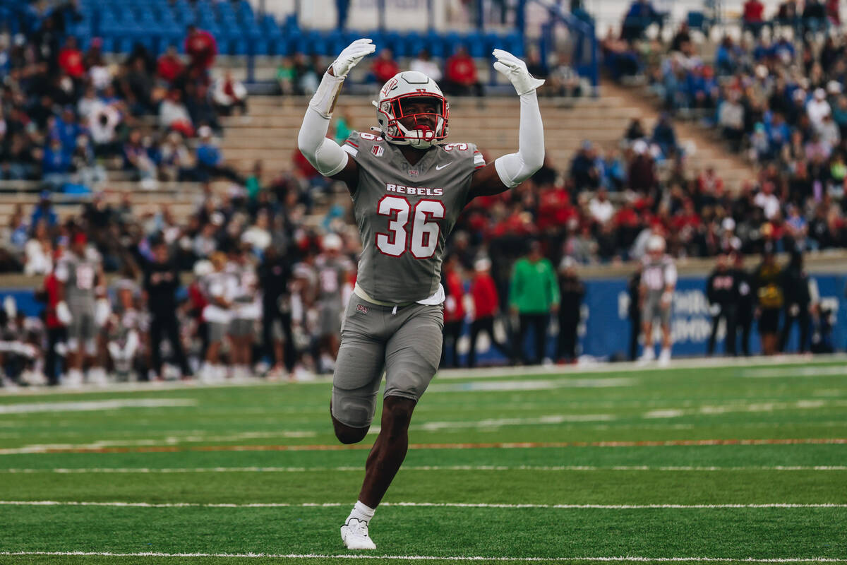 UNLV defensive back Thomas Anderson (36) celebrates during a game against Air Force at Falcon S ...