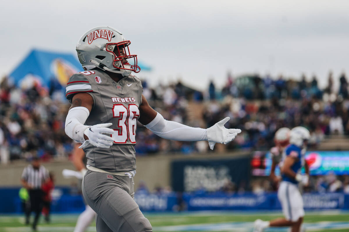 UNLV defensive back Thomas Anderson (36) celebrates during a game against Air Force at Falcon S ...