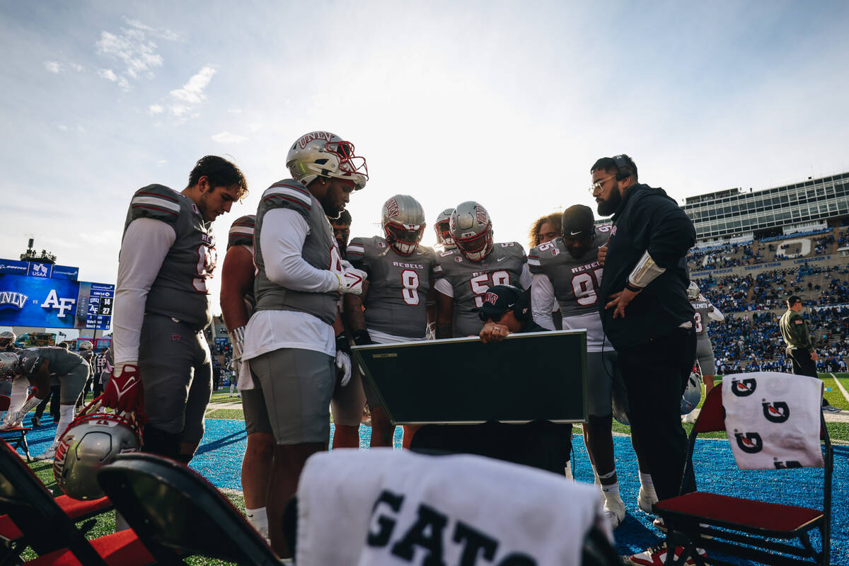 UNLV players go over plays during halftime during a game against Air Force at Falcon Stadium on ...