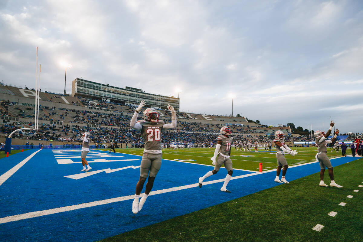 UNLV players get pumped up during a game against Air Force at Falcon Stadium on Saturday, Nov. ...
