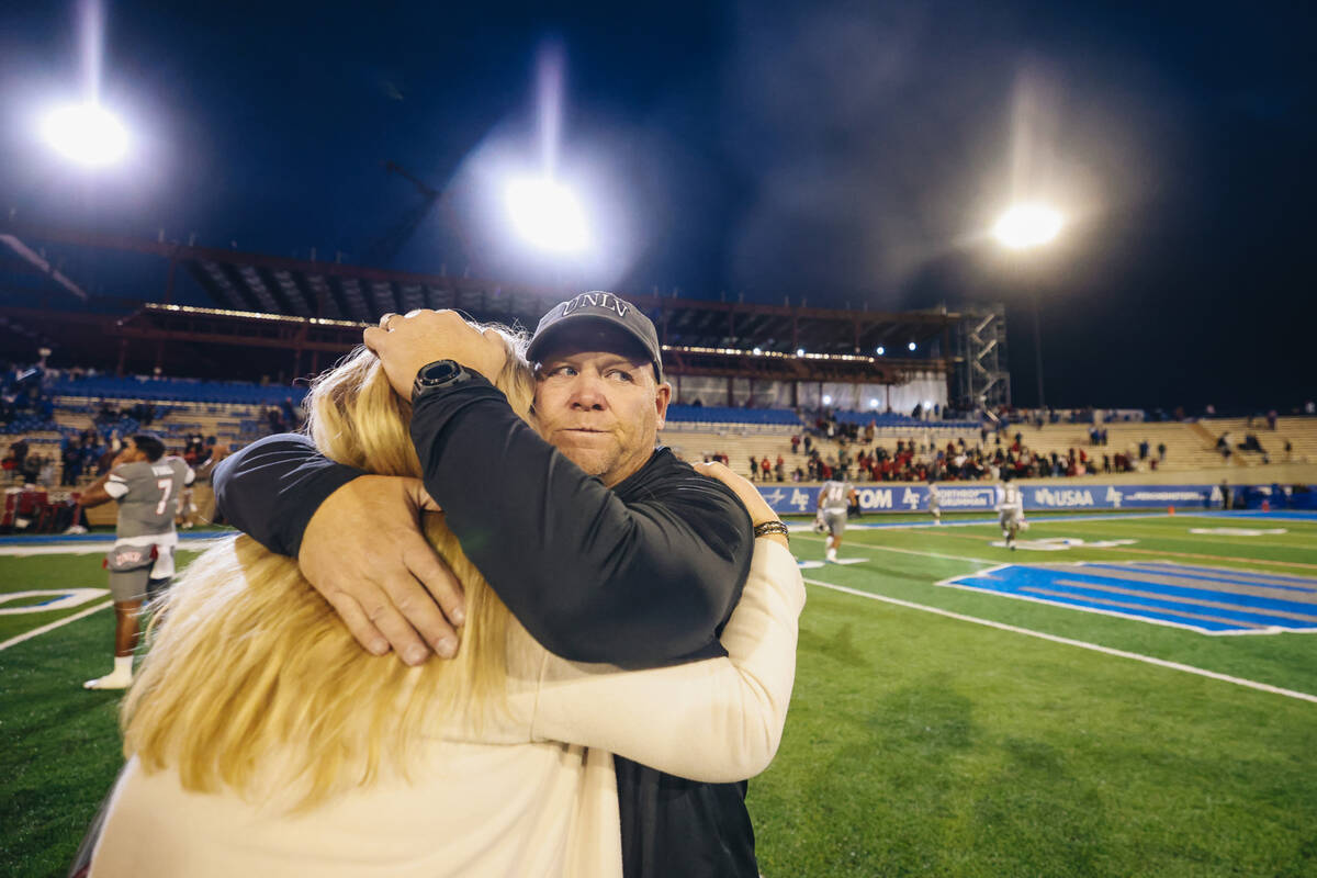 UNLV head coach Barry Odom celebrates his win over Air Force at Falcon Stadium on Saturday, Nov ...