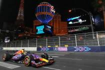 Red Bull driver Max Verstappen, of the Netherlands, drives during the second practice session f ...