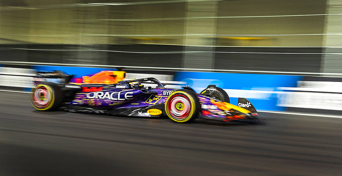Red Bull Racing driver Max Verstappen navigates the course during the Las Vegas Grand Prix Form ...