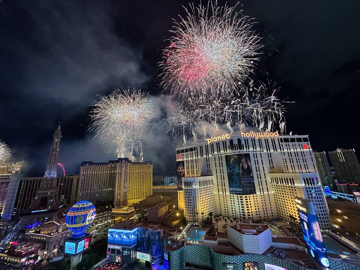 Fireworks light up the Strip at the conclusion of the Formula One Las Vegas Grand Prix on Satur ...
