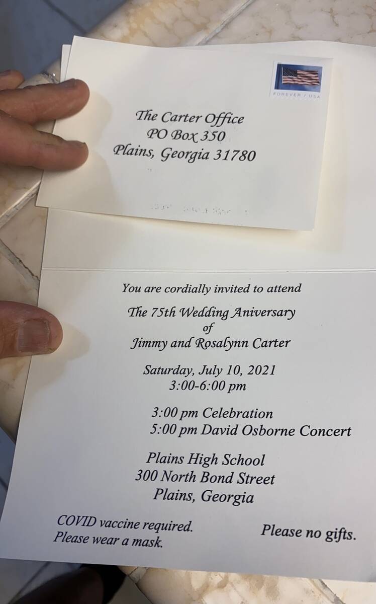 The invitation to Jimmy and Rosalynn Carter's 75th wedding anniversary, sent to Vegas pianist D ...