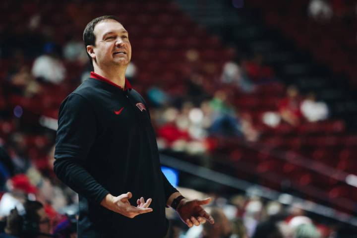 UNLV head coach Kevin Kruger reacts to a referee during a game against Stetson at Thomas & ...