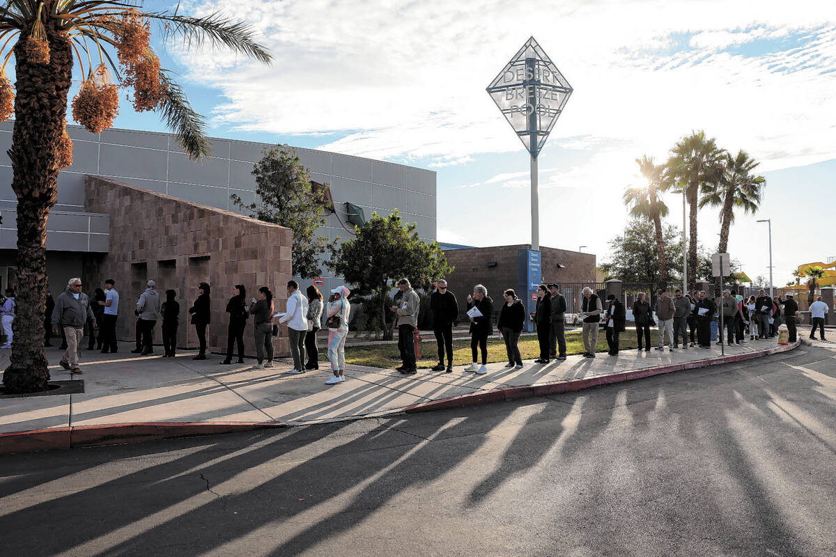 People line up to vote on Election Day at Desert Breeze Community Center in Las Vegas Tuesday, ...