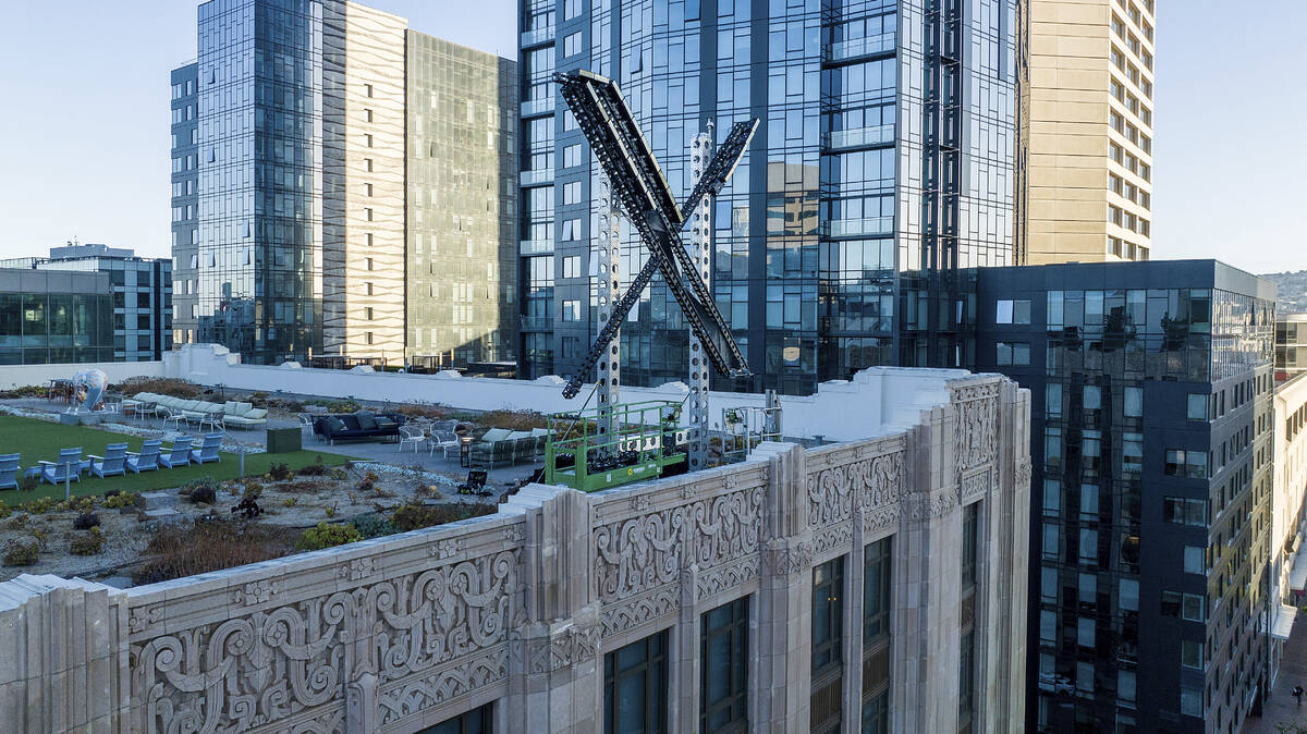 FILE - An "X" sign rests atop the company headquarters in downtown San Francisco, on ...