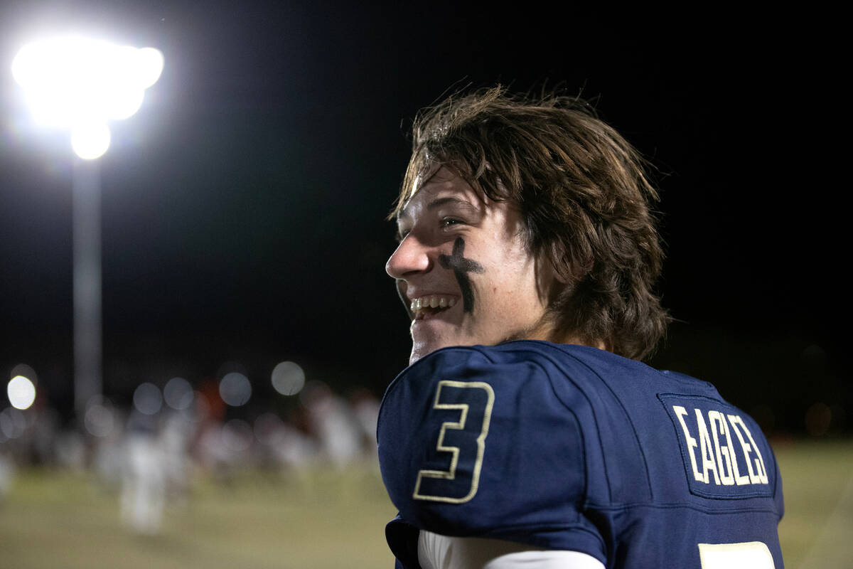 Lake Mead quarterback Jerry Meyer III (3) smiles on the sidelines during a Class 2A high school ...