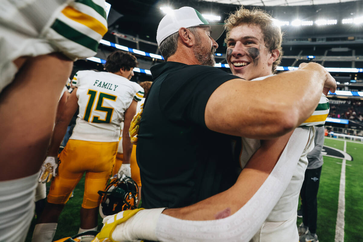 Bishop Manogue celebrates after winning a class 5A Division II state championship game against ...