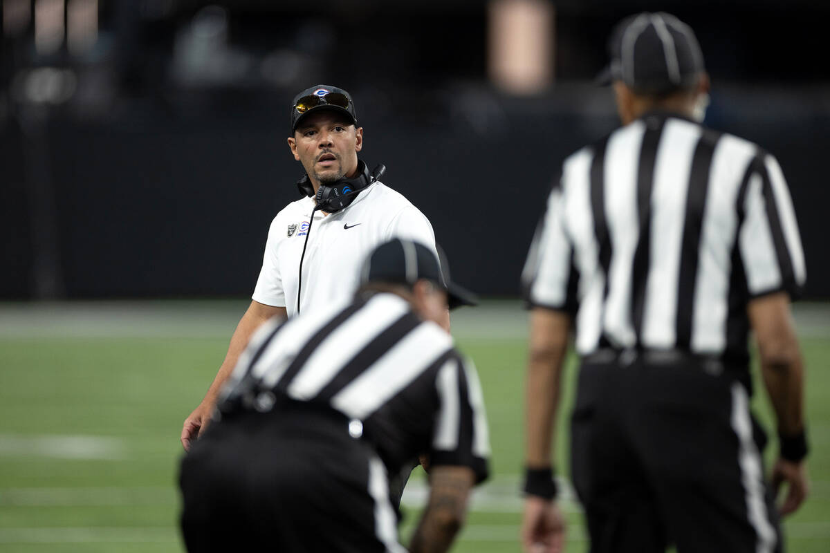 Bishop Gorman head coach Brent Browner is upset with a call during the first half of a Class 5A ...