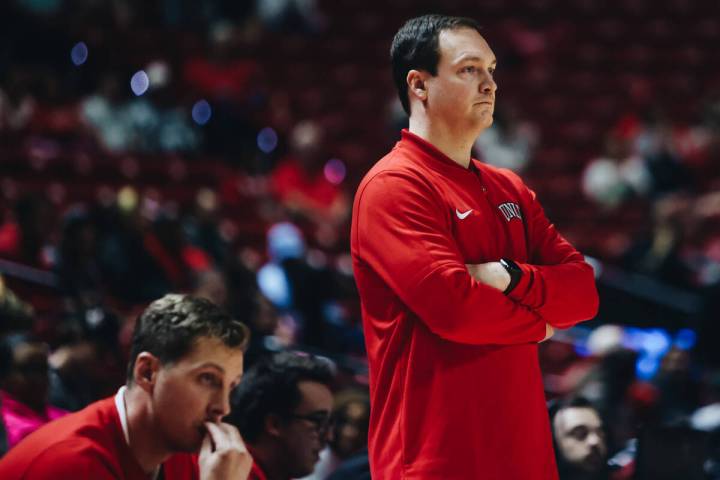 UNLV head coach Kevin Kruger watches his team during a game against Southern at Thomas & Ma ...